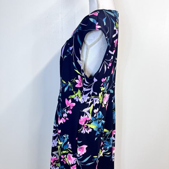 Connect Apparel Dress size 14 Navy Blue Pink Floral Stretch Knee Wedding Church - Picture 7 of 10